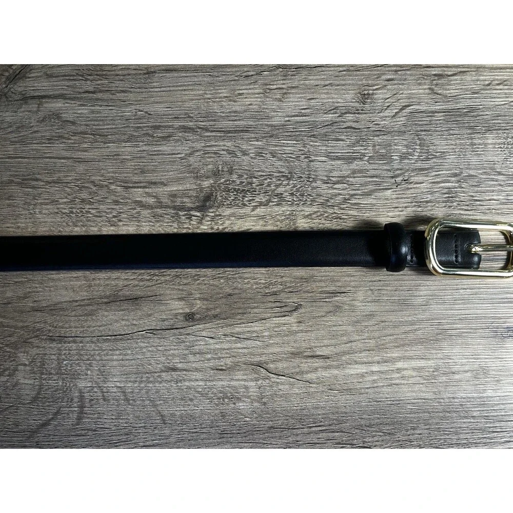 H&M Skinny Black Genuine Split Leather Belt Gold Buckle Size M Excellent